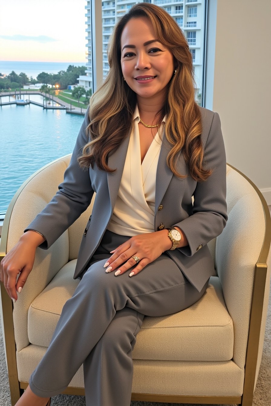 Luisa Gamez-Hegarty, smiling, seated in a cream chair by a window overlooking the water