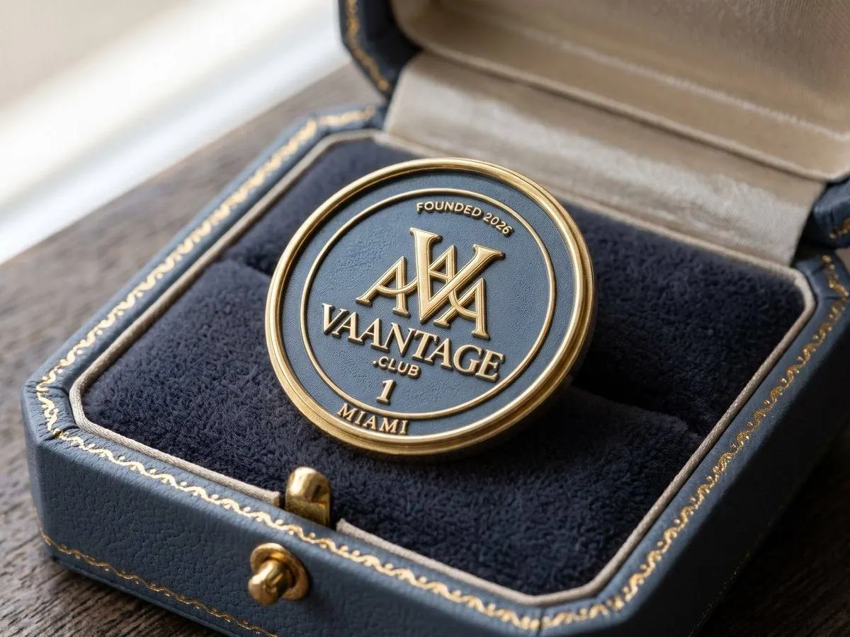 A numbered Vaantage Club founding pin in slate blue enamel and gold, engraved Founded 2026, number 1 and Miami, in an open slate leather box with gold tooling