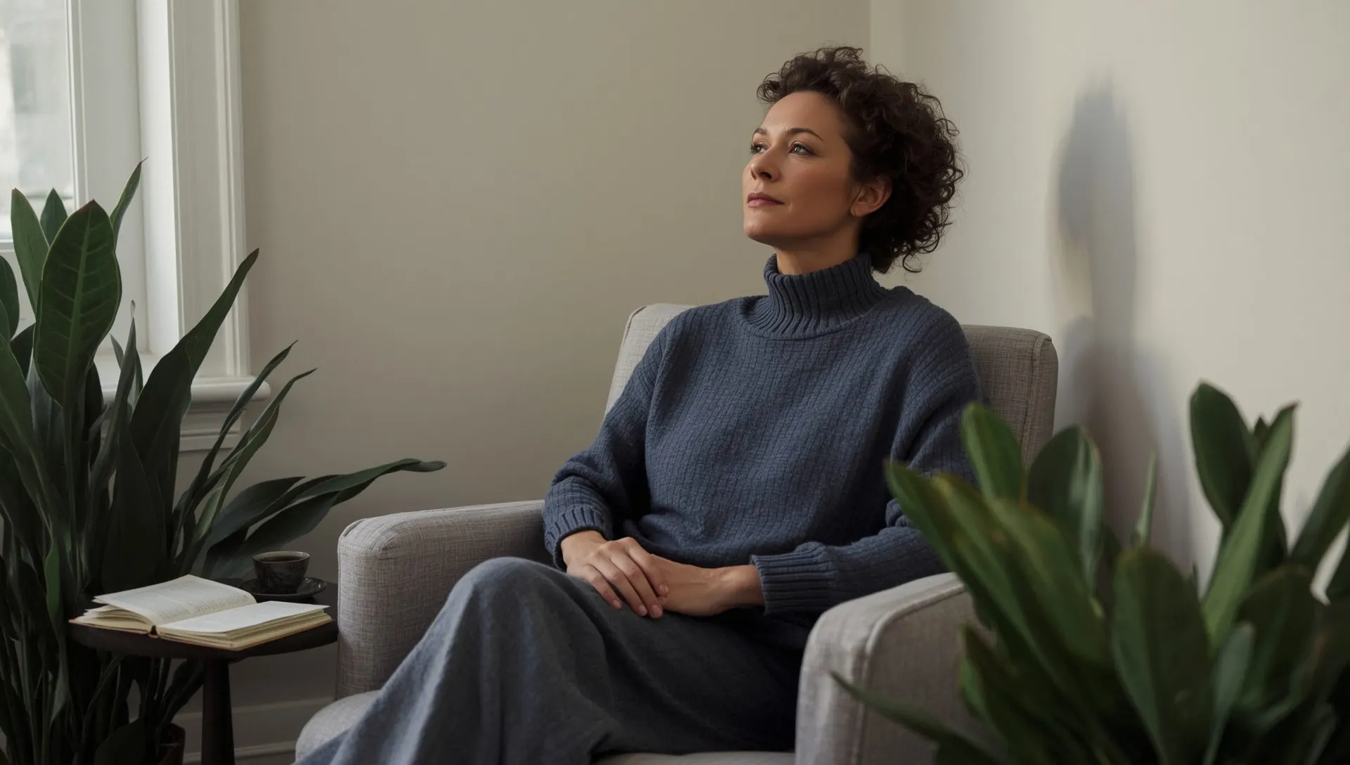 A woman in a slate blue sweater sitting calmly in an armchair by a tall window, a journal beside her