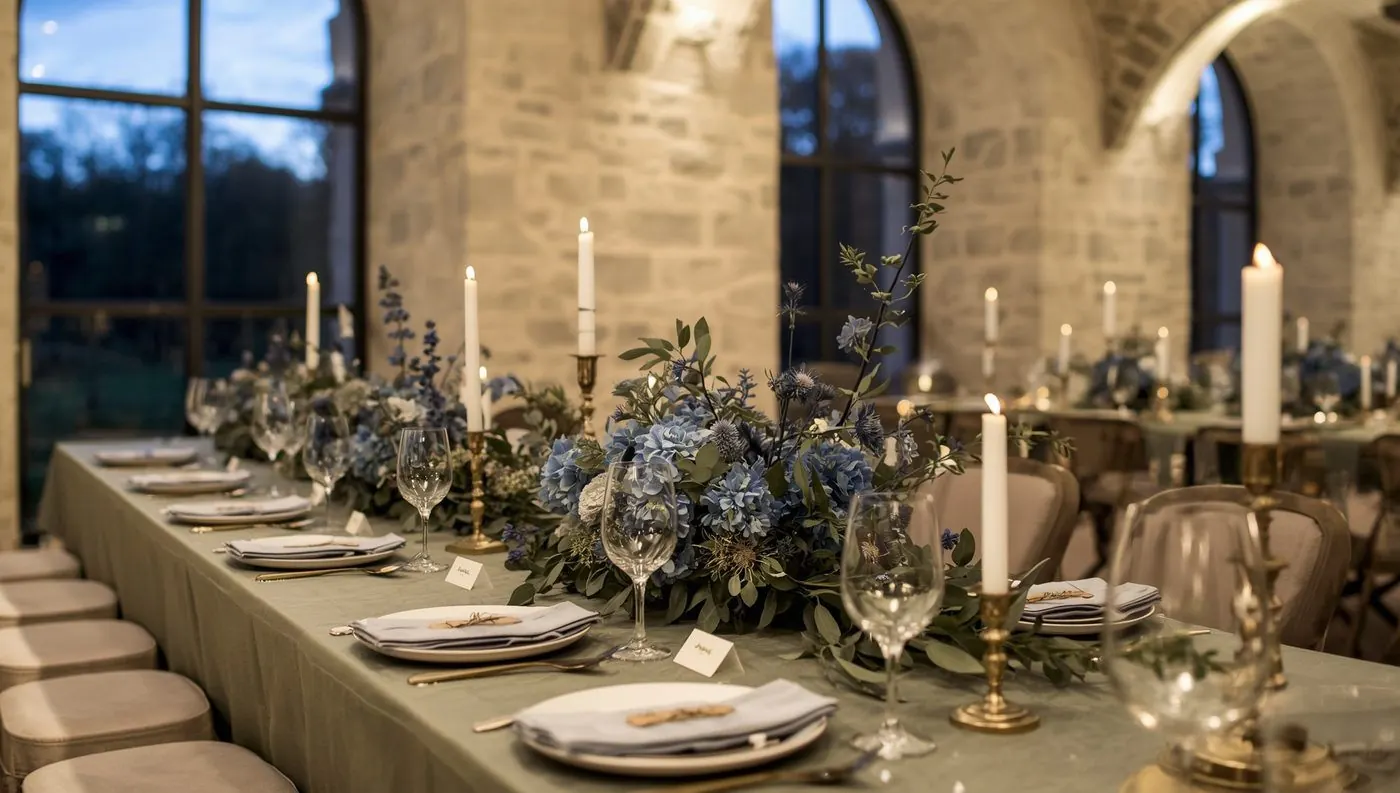 A candlelit salon dinner table with slate blue flowers