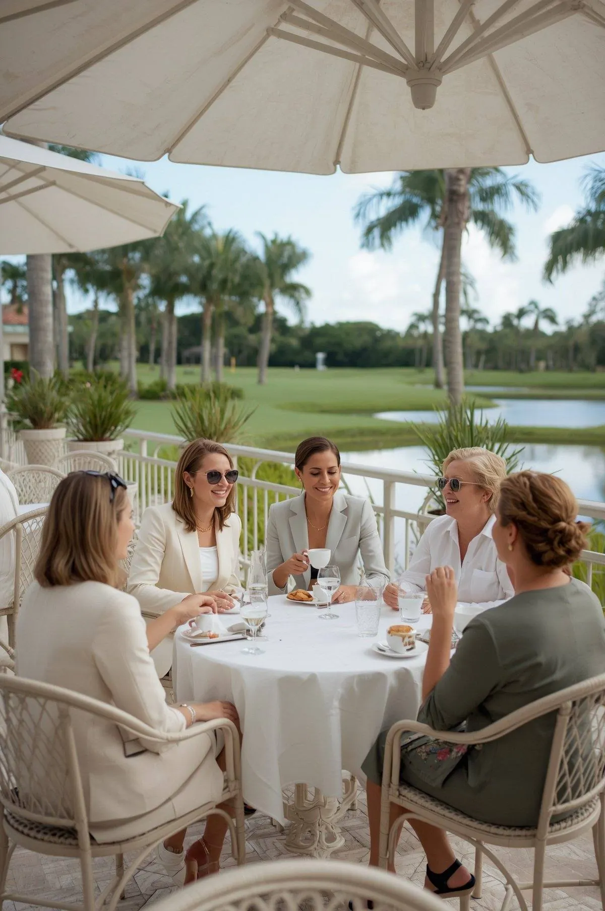 Women laughing over coffee at a round table under white umbrellas on the terrace of a Miami golf country club, with palms, a lake and the fairway behind them