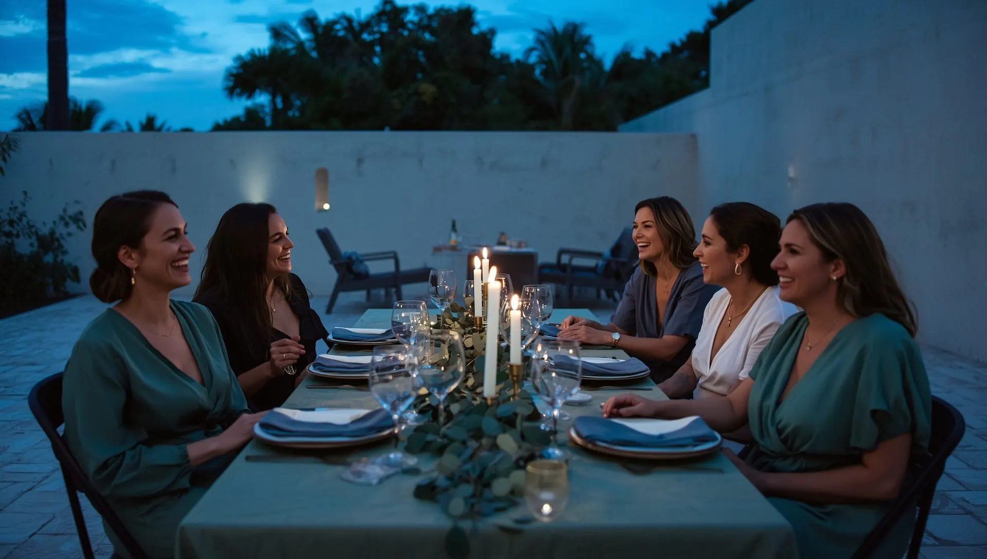 Women laughing around a candlelit dinner table with slate blue napkins on a garden terrace at dusk