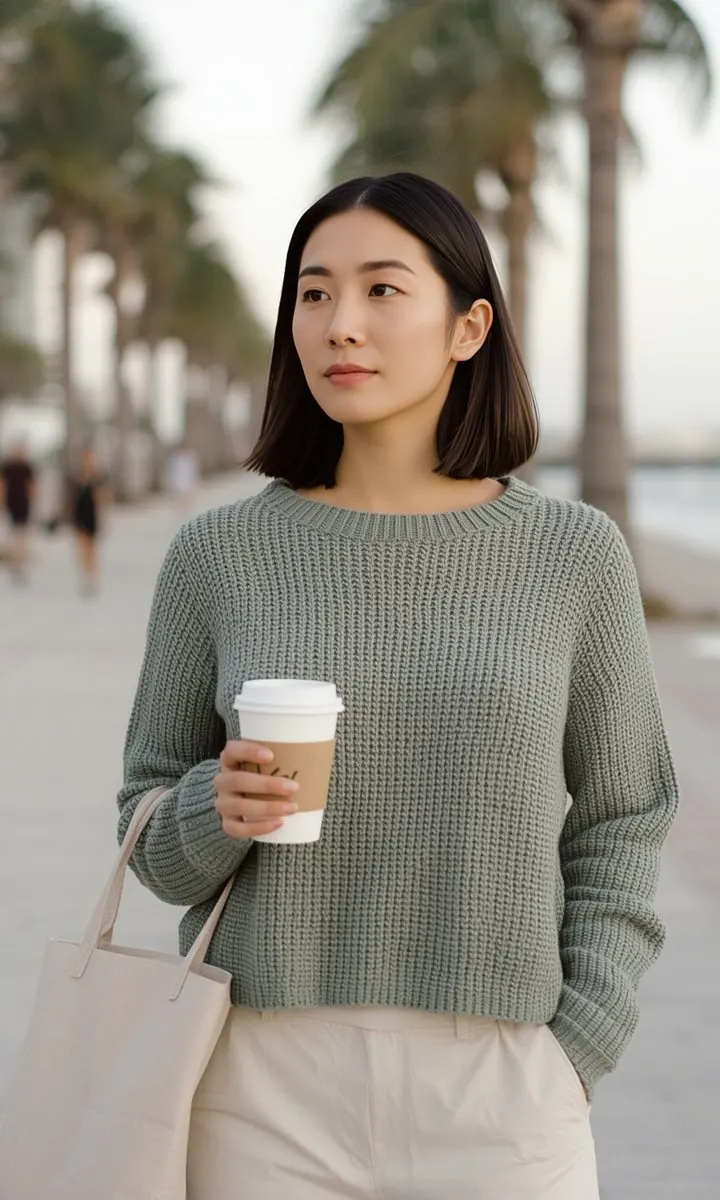 A woman in a sage sweater walking along the Miami waterfront with a coffee