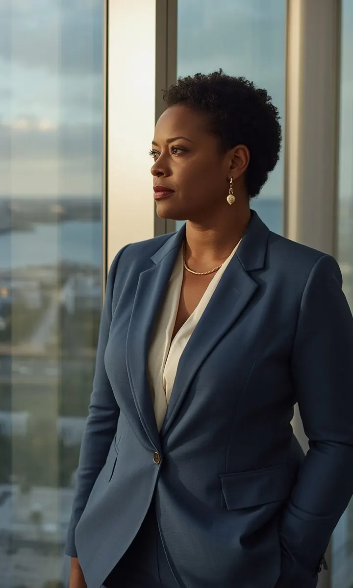 A woman in a slate blue suit looking out over Miami from a high-rise office window
