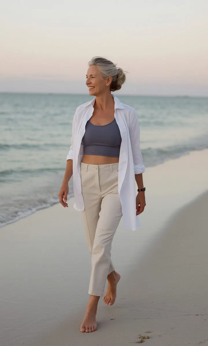 A silver-haired woman in white linen walking along a Miami beach at sunrise