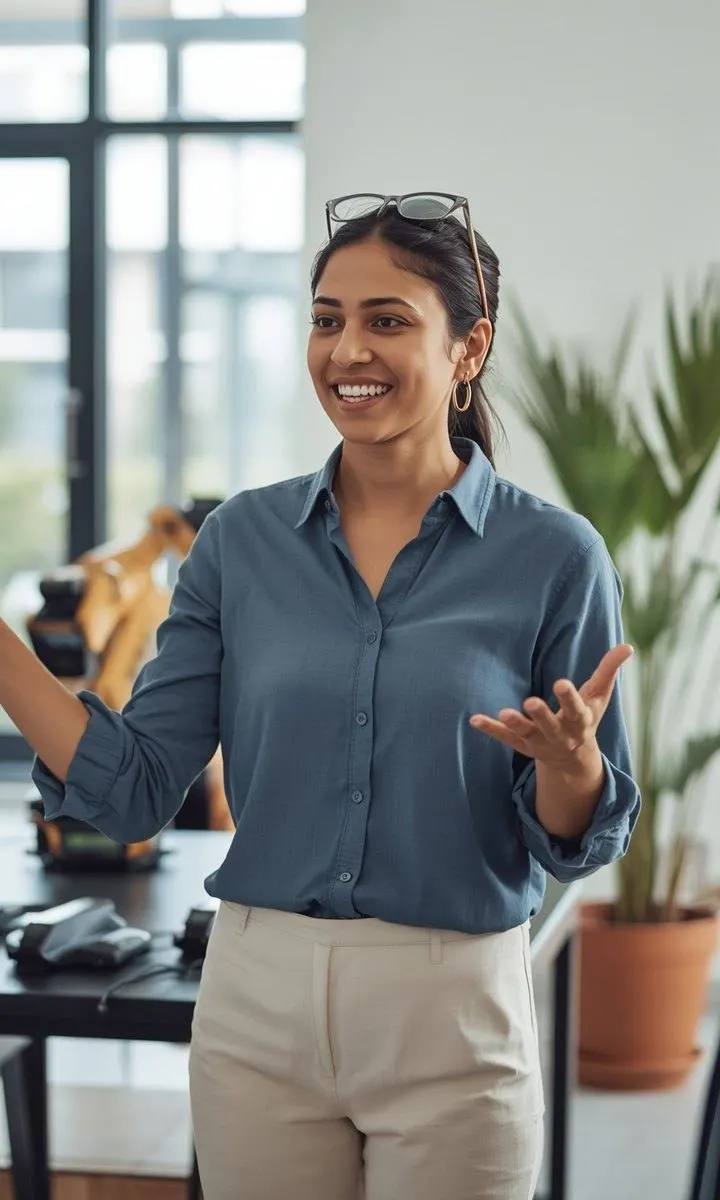 A woman in a slate blue shirt explaining an idea with open hands in a bright lab, a robotic arm on the workbench behind her