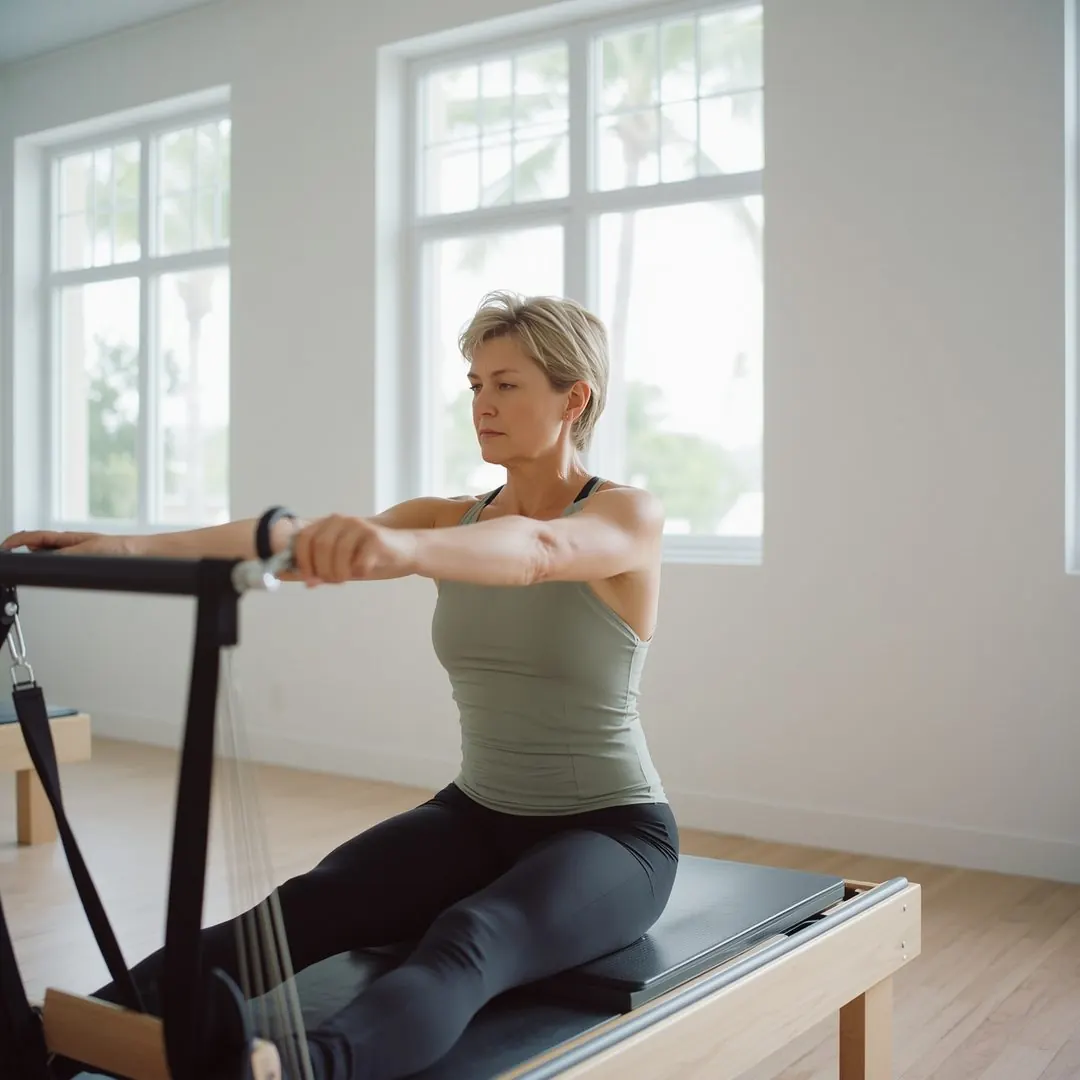 A woman working on a Pilates reformer in a bright studio with palm trees outside