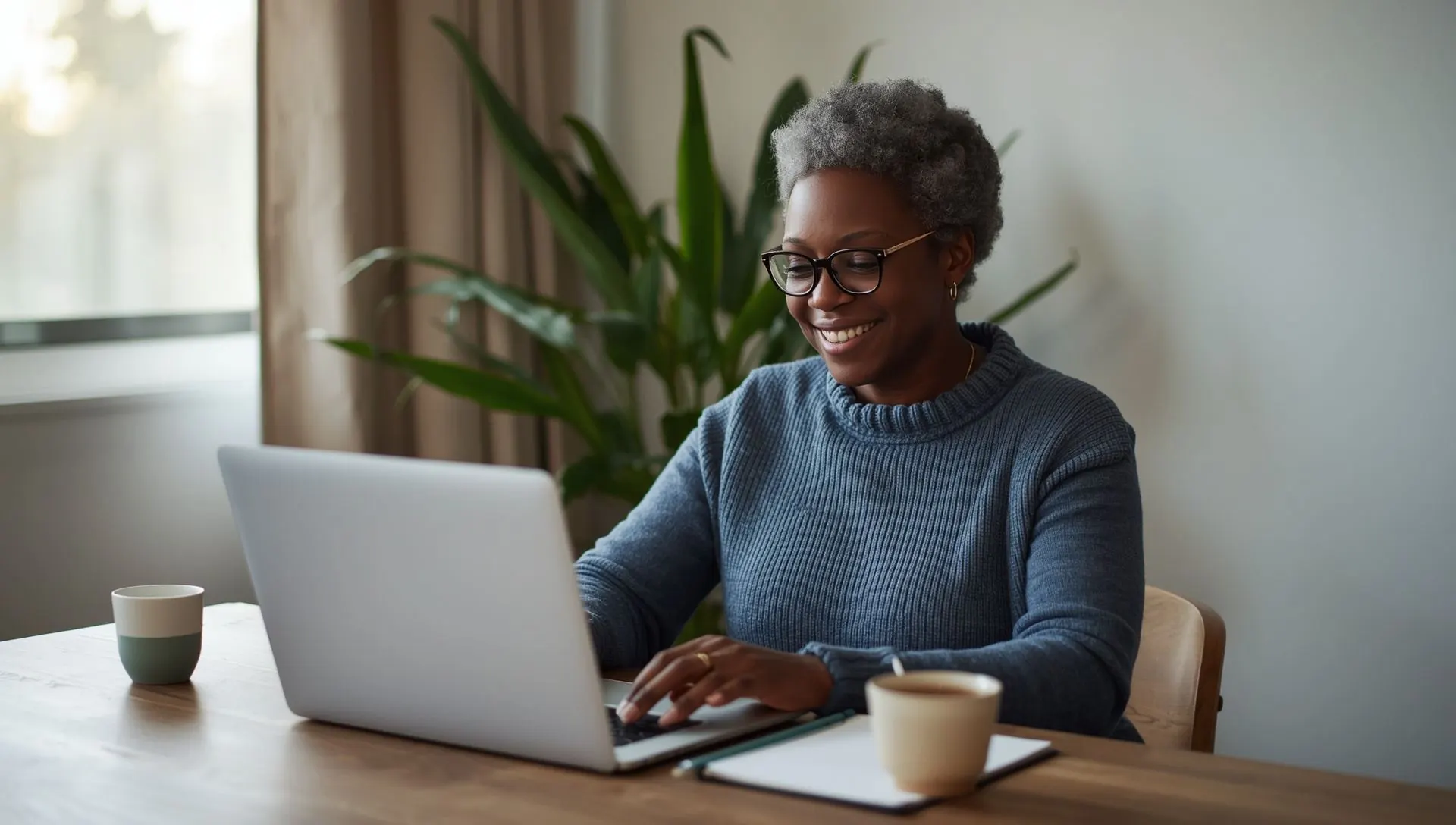 A woman with short grey hair and glasses smiling as she works on a laptop in a sunlit home studio